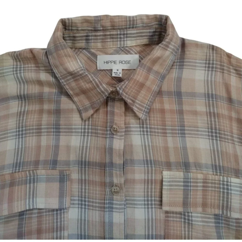 Plaid Long-Sleeve Shirt M By Hippie Rose Cotton & Viscose Beige, Button Front.